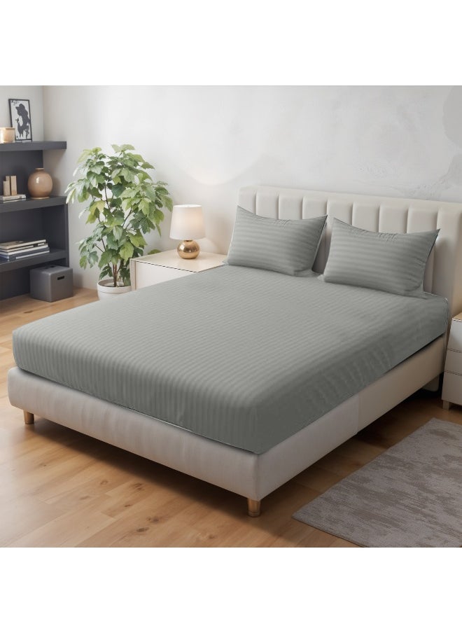 Rest - Stripe Fitted Sheet Set Twin 120 X 200+25 Cm + 2 Pillowcases 50 X 75 Cm Brushed Microfiber Premium Durable Quality Deep Pocket For A Perfect Fit Shrinkage Fade Resistant Grey - Image 1