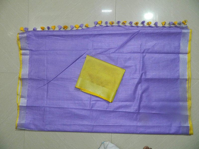 SheenKraft Bhagalpuri Linen Handloom Cotton Blend Saree for Women (Indigo_Purple-Yellow) - Image 3