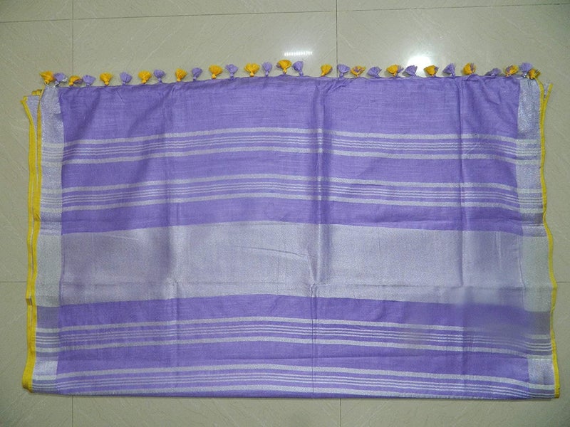 SheenKraft Bhagalpuri Linen Handloom Cotton Blend Saree for Women (Indigo_Purple-Yellow) - Image 4