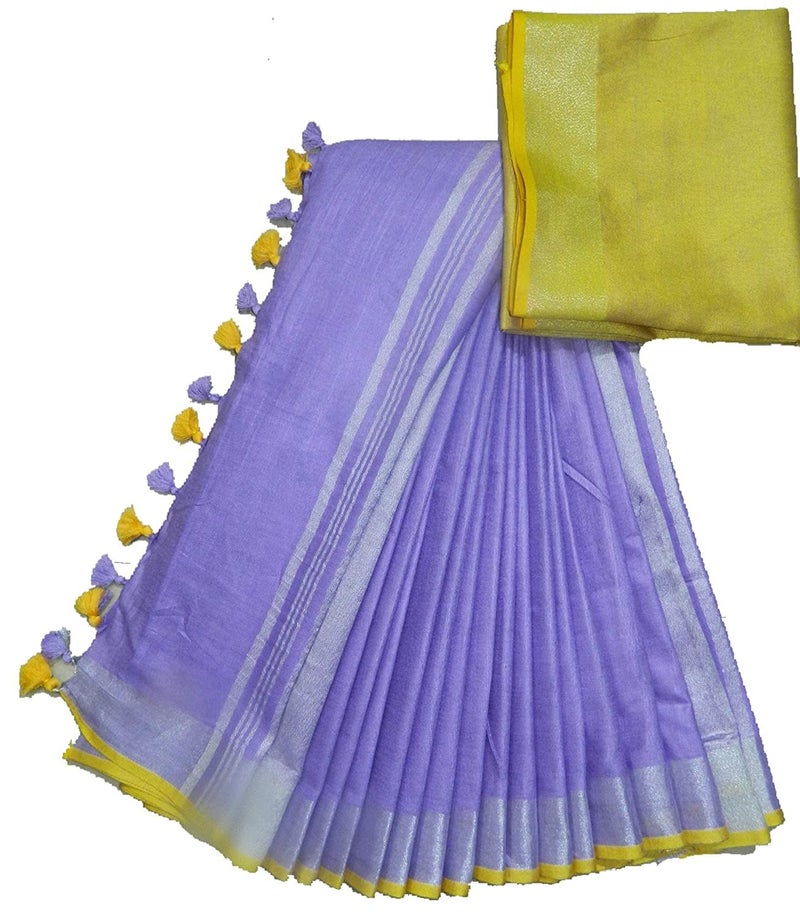 SheenKraft Bhagalpuri Linen Handloom Cotton Blend Saree for Women (Indigo_Purple-Yellow) - Image 1