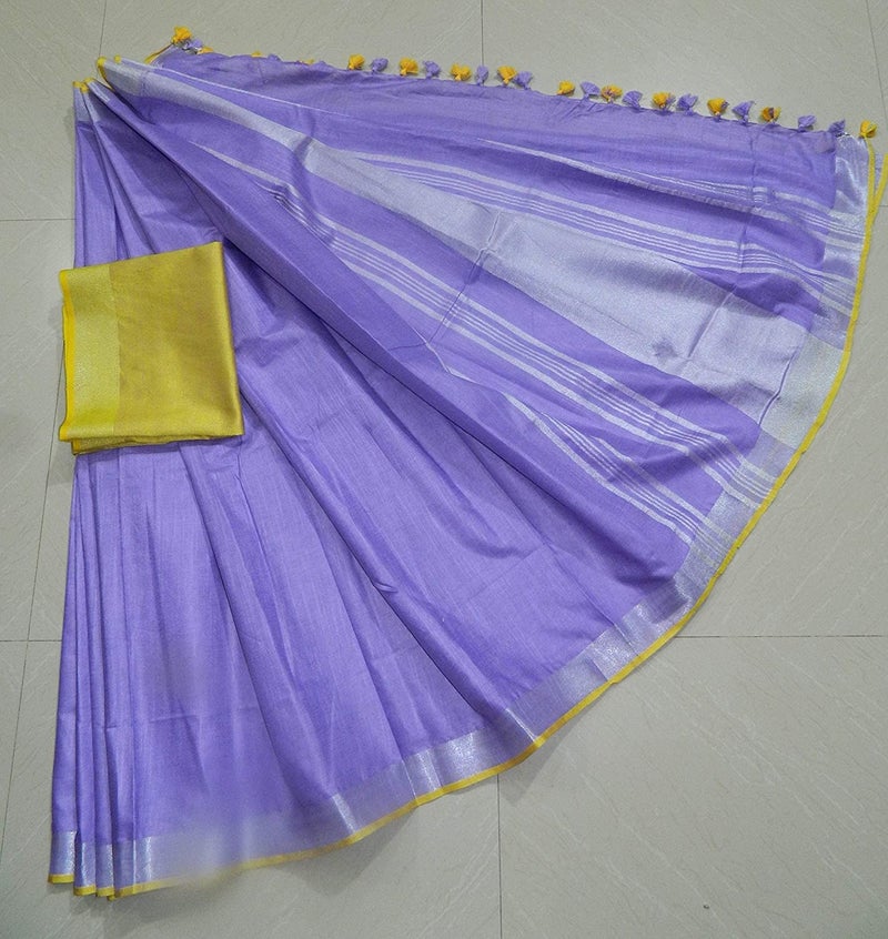 SheenKraft Bhagalpuri Linen Handloom Cotton Blend Saree for Women (Indigo_Purple-Yellow) - Image 5