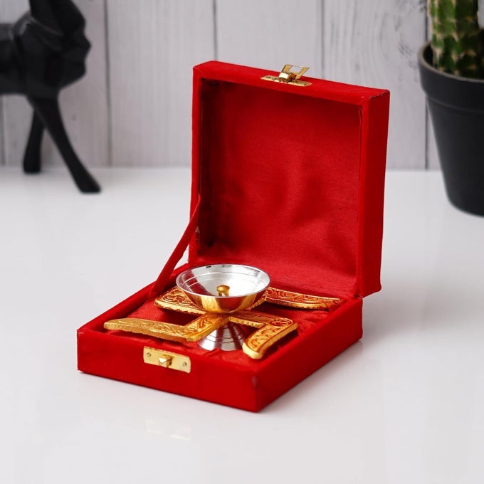 PREMIUM AKHAND AARTI DIYA WITH VELVET BOX AGARBATTI HOLDER DHOOP HOLDER AND BRASS GOLD 5 INCHES DIYA FOR DIWALI