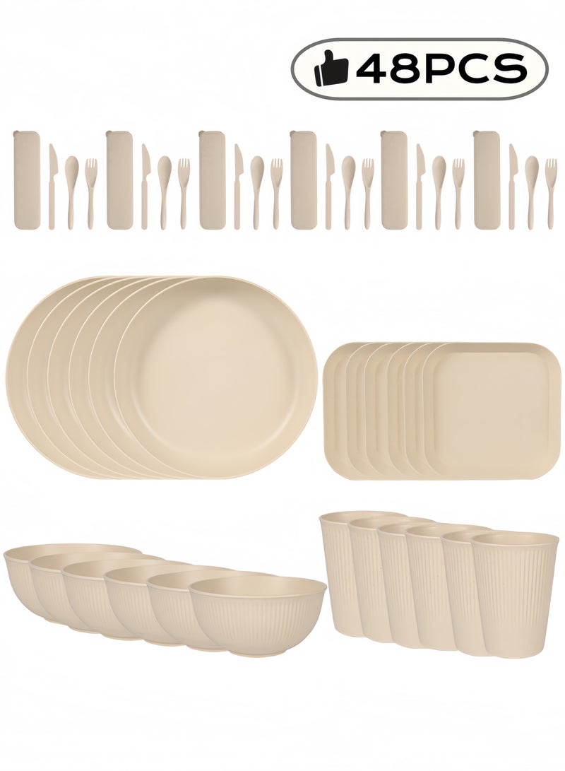 nihao طقم عشاء مكون من 48 قطعة، أطباق دائرية 9 بوصة، أطباق مربعة 5.5 بوصة، أكواب 3.15 بوصة، أدوات مائدة، طقم أدوات مائدة، خدمة لـ 6 أشخاص، أطباق عشاء، أطباق حلوى، أطباق حبوب، أكواب، أطباق بلاستيكية ملونة غير قابلة للكسر للتخييم في الهواء الطلق، بيج ساحلي - Image 1