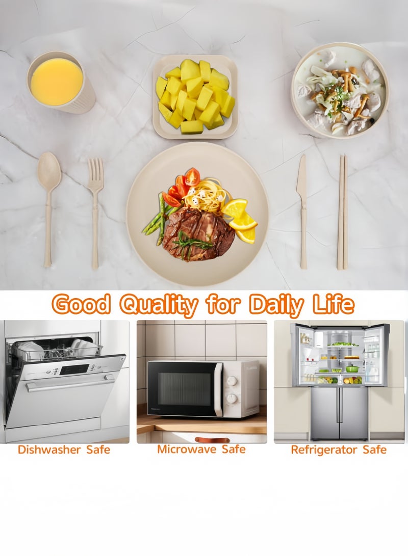 nihao طقم عشاء مكون من 48 قطعة، أطباق دائرية 9 بوصة، أطباق مربعة 5.5 بوصة، أكواب 3.15 بوصة، أدوات مائدة، طقم أدوات مائدة، خدمة لـ 6 أشخاص، أطباق عشاء، أطباق حلوى، أطباق حبوب، أكواب، أطباق بلاستيكية ملونة غير قابلة للكسر للتخييم في الهواء الطلق، بيج ساحلي - Image 2