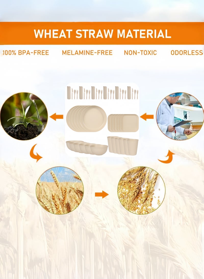 nihao طقم عشاء مكون من 48 قطعة، أطباق دائرية 9 بوصة، أطباق مربعة 5.5 بوصة، أكواب 3.15 بوصة، أدوات مائدة، طقم أدوات مائدة، خدمة لـ 6 أشخاص، أطباق عشاء، أطباق حلوى، أطباق حبوب، أكواب، أطباق بلاستيكية ملونة غير قابلة للكسر للتخييم في الهواء الطلق، بيج ساحلي - Image 3