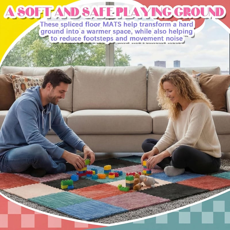 Tinideya 12 Pcs Plush Interlocking Carpet Tiles, 12 x 12 x 0.4 Inch EVA Foam Puzzle Mat Squares, Soft Washable Anti Slip Floor Mat for Bedroom, Nursery, Playroom, Living Room, Morandi Colors - Image 3