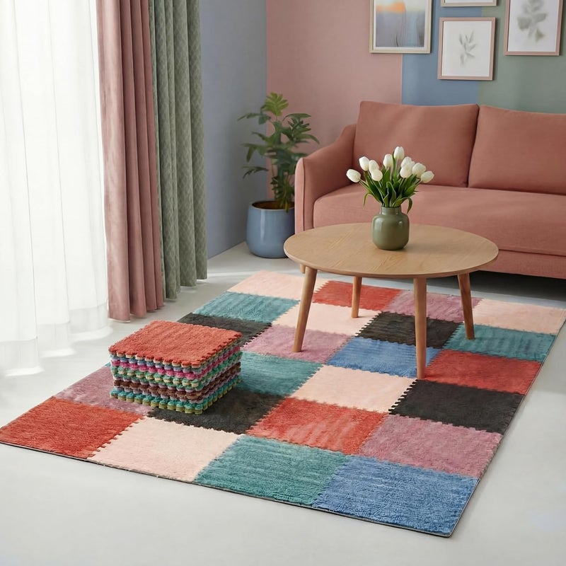 Tinideya 12 Pcs Plush Interlocking Carpet Tiles, 12 x 12 x 0.4 Inch EVA Foam Puzzle Mat Squares, Soft Washable Anti Slip Floor Mat for Bedroom, Nursery, Playroom, Living Room, Morandi Colors - Image 1