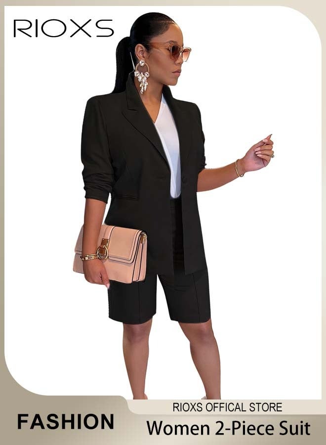 RIOXS 2 Piece Women's Blazer Suit Set, Casual Blazer and Short Pants, Formal Tailored Blazer and Knee-Length Shorts, Solid-Colored Spring Summer Outfit, Elegant Professional Work Outfit for Work or Daily Wear, Black - Image 1