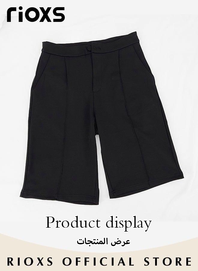 RIOXS 2 Piece Women's Blazer Suit Set, Casual Blazer and Short Pants, Formal Tailored Blazer and Knee-Length Shorts, Solid-Colored Spring Summer Outfit, Elegant Professional Work Outfit for Work or Daily Wear, Black - Image 4