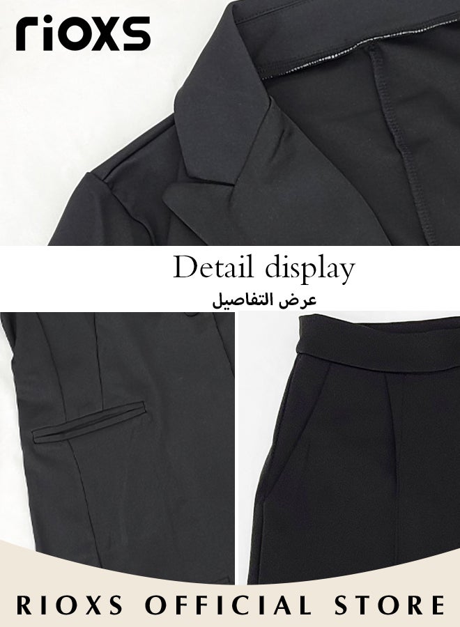 RIOXS 2 Piece Women's Blazer Suit Set, Casual Blazer and Short Pants, Formal Tailored Blazer and Knee-Length Shorts, Solid-Colored Spring Summer Outfit, Elegant Professional Work Outfit for Work or Daily Wear, Black - Image 5