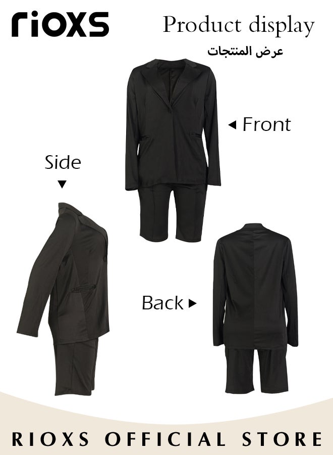 RIOXS 2 Piece Women's Blazer Suit Set, Casual Blazer and Short Pants, Formal Tailored Blazer and Knee-Length Shorts, Solid-Colored Spring Summer Outfit, Elegant Professional Work Outfit for Work or Daily Wear, Black - Image 3