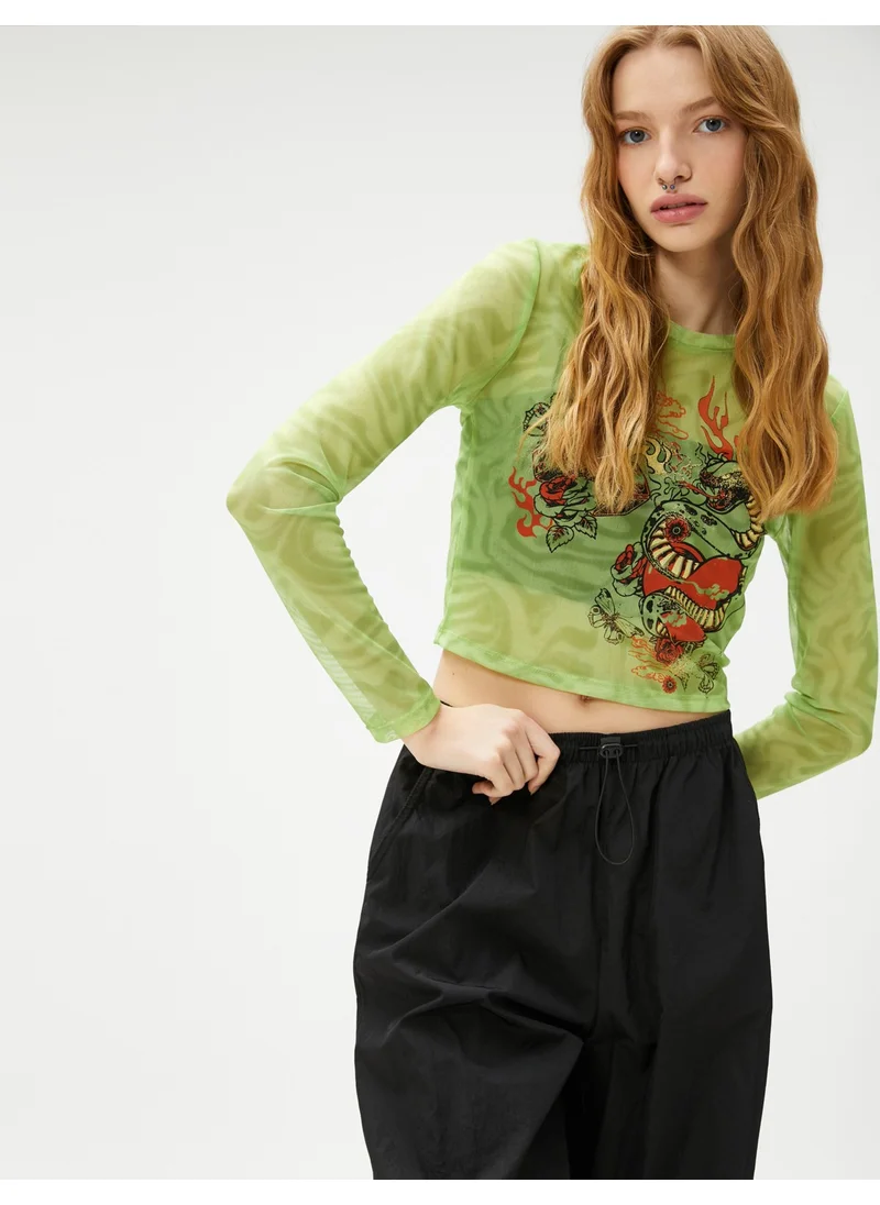 KOTON Crop T-Shirt Long Sleeve Tulle Printed Crew Neck