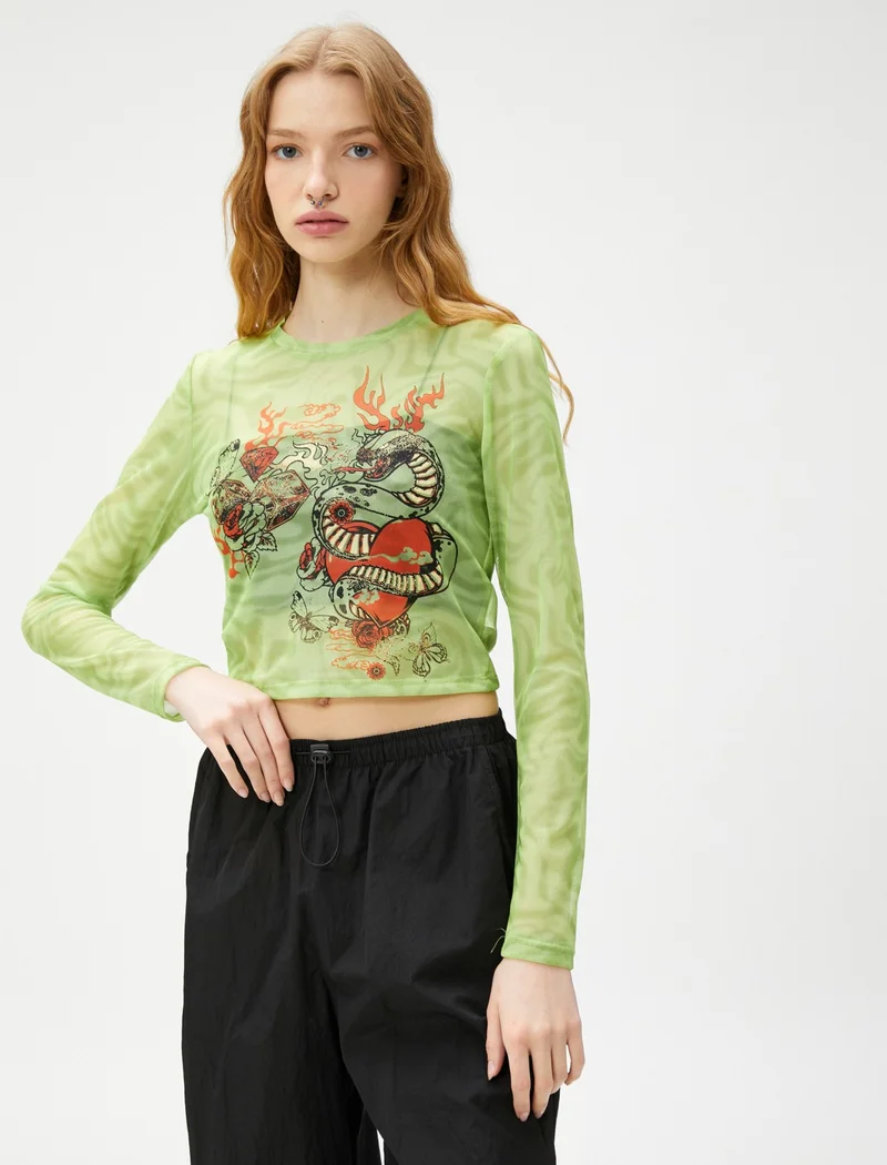 كوتون Crop T-Shirt Long Sleeve Tulle Printed Crew Neck