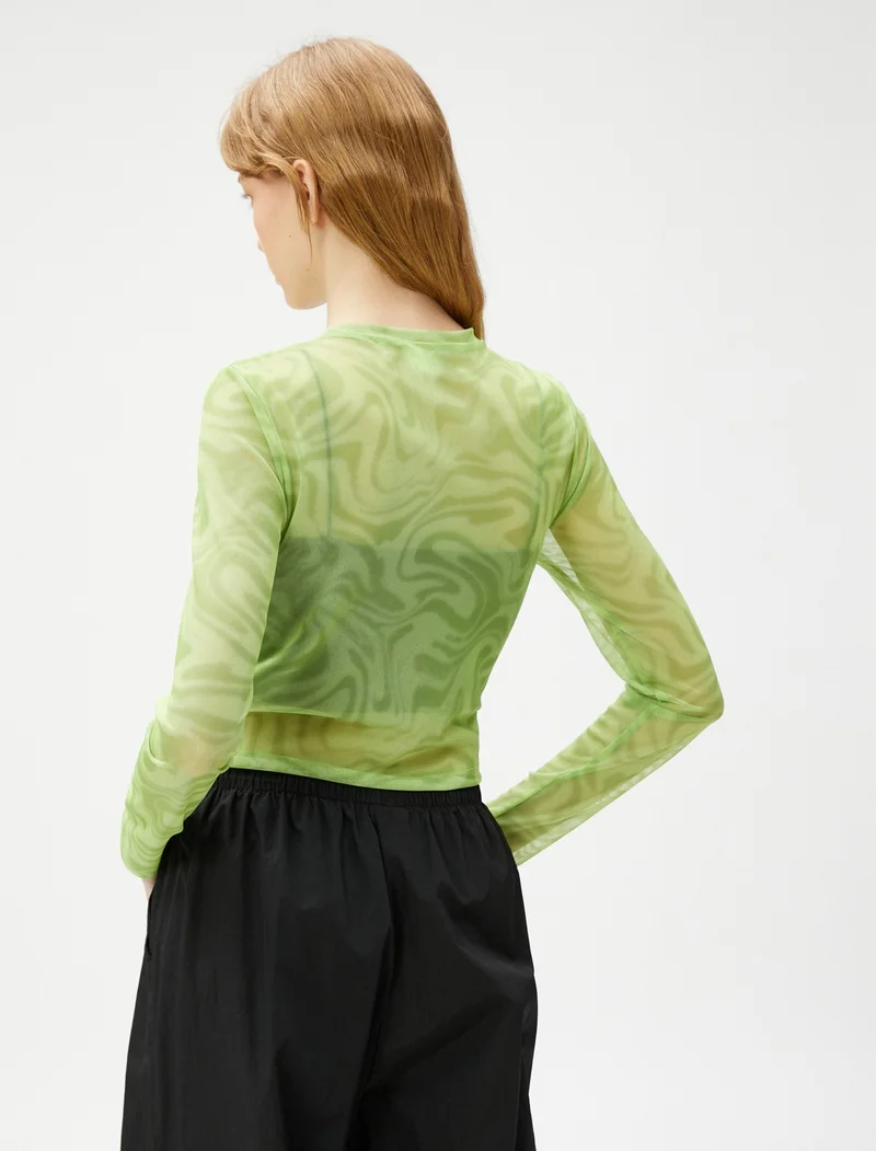 كوتون Crop T-Shirt Long Sleeve Tulle Printed Crew Neck