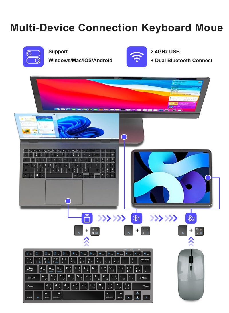 Necomi Arabic/English Portable Wireless Keyboard and Mouse Combo, Dual Bluetooth 3.0/5.0 & 2.4G, Multi-Device PC/Laptop/Phone/Windows/iOS/Android Compatible - Image 3