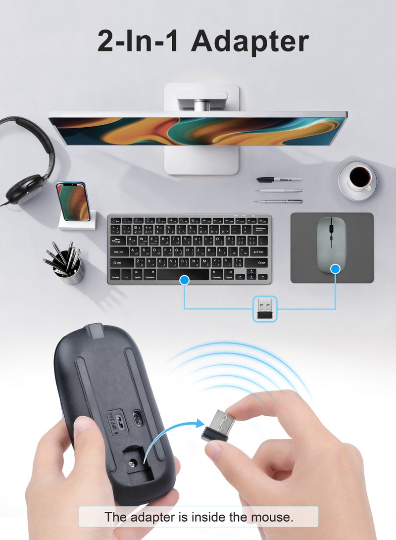 Necomi Arabic/English Portable Wireless Keyboard and Mouse Combo, Dual Bluetooth 3.0/5.0 & 2.4G, Multi-Device PC/Laptop/Phone/Windows/iOS/Android Compatible - Image 2