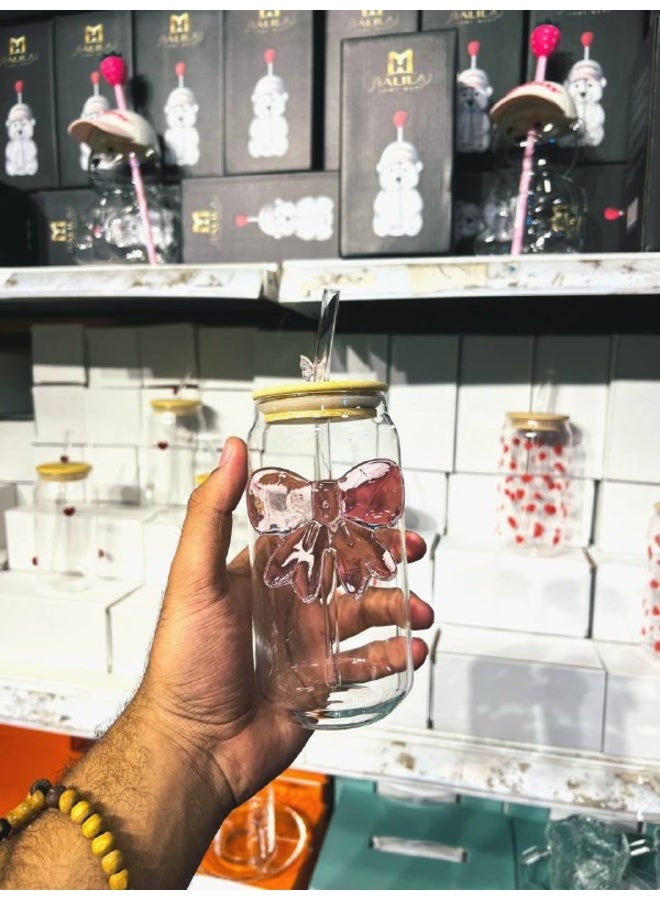 Available in all styles: mug, jar, can, and bow designs. Made of stunning glass. The can-style mug comes with a wooden lid and a glass straw. Made of heat- and cold-resistant Pyrex glass. 500ml capacity. - Image 3
