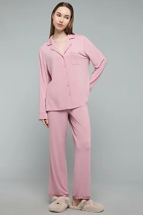 أر أند بي Solid Lapel Collar Pyjama Set