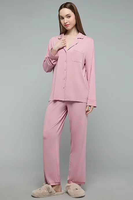 أر أند بي Solid Lapel Collar Pyjama Set