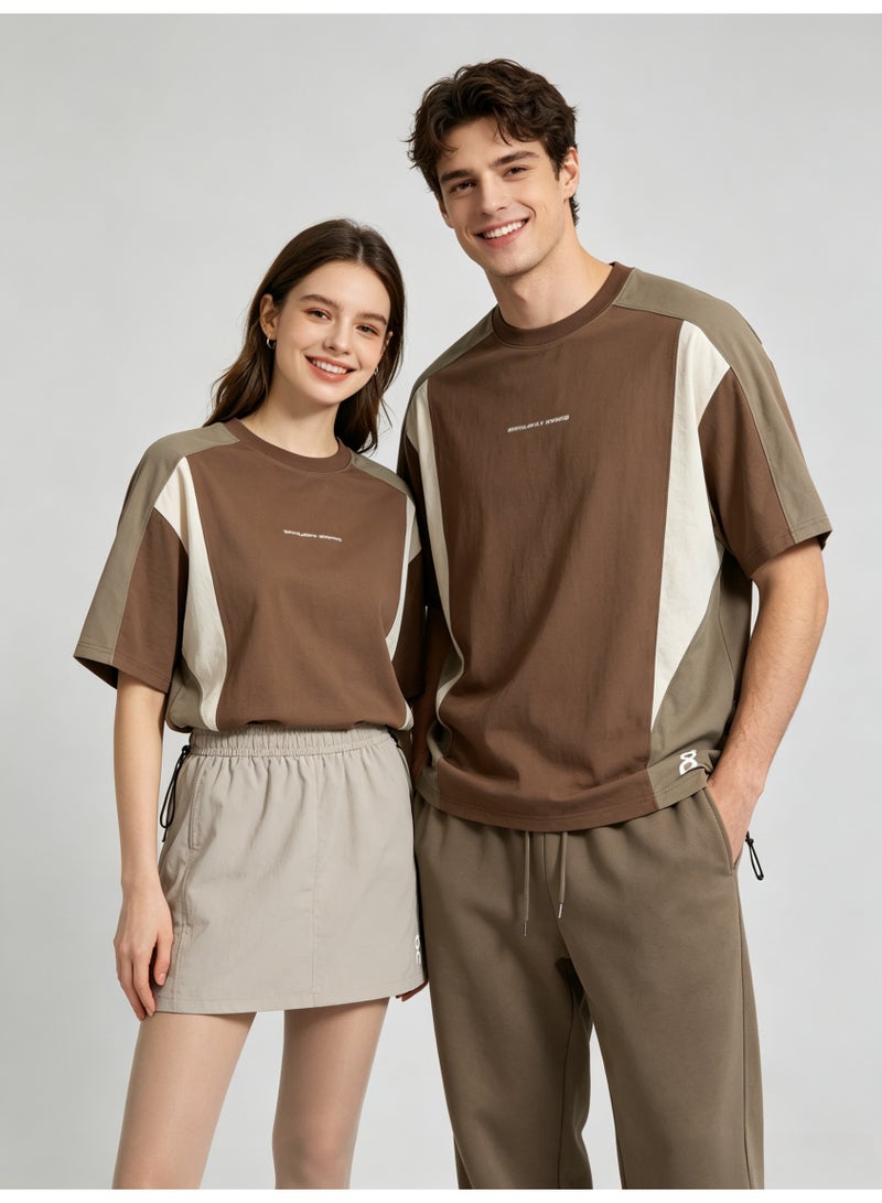 اون راننج On Running Unisex Color Block Drawstring Hem Short Sleeve T-Shirt, Brown Beige Contrast Panel Crew Neck Couple Casual Street Tee with Logo Print - Image 5