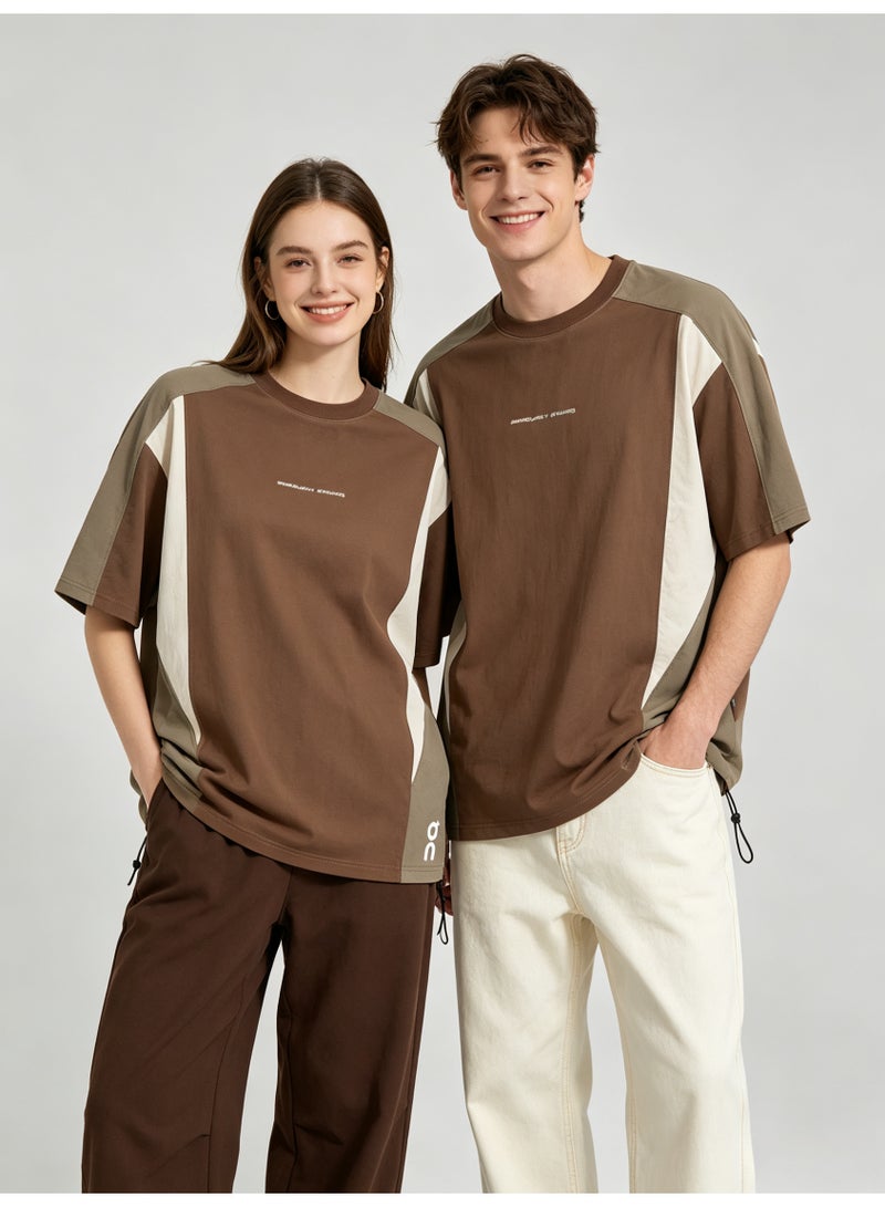 اون راننج On Running Unisex Color Block Drawstring Hem Short Sleeve T-Shirt, Brown Beige Contrast Panel Crew Neck Couple Casual Street Tee with Logo Print - Image 4