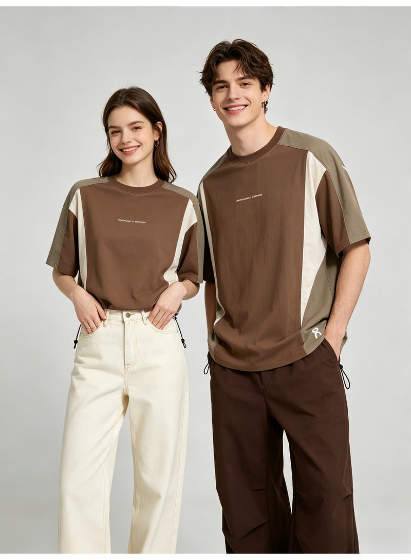اون راننج On Running Unisex Color Block Drawstring Hem Short Sleeve T-Shirt, Brown Beige Contrast Panel Crew Neck Couple Casual Street Tee with Logo Print - Image 2