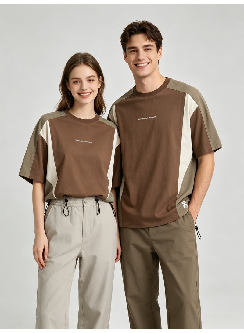 اون راننج On Running Unisex Color Block Drawstring Hem Short Sleeve T-Shirt, Brown Beige Contrast Panel Crew Neck Couple Casual Street Tee with Logo Print - Image 1