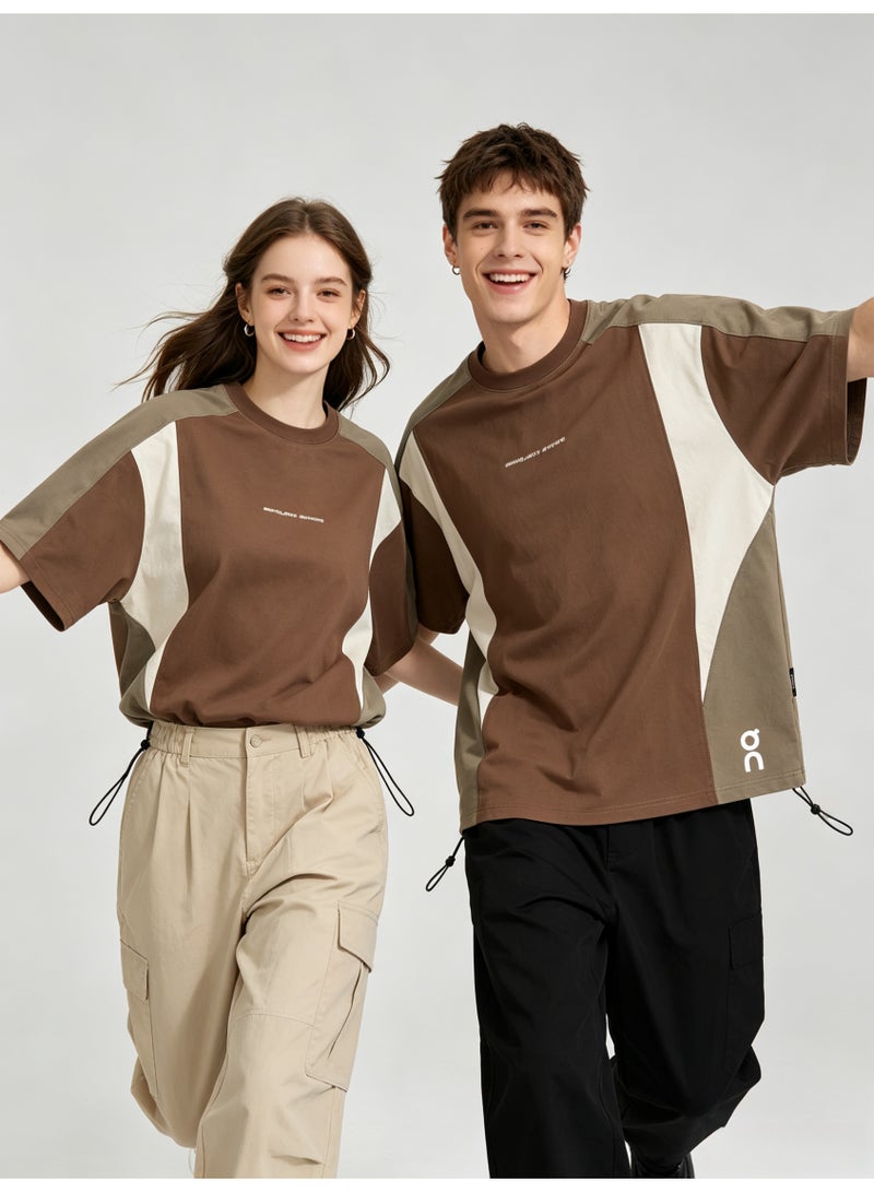 اون راننج On Running Unisex Color Block Drawstring Hem Short Sleeve T-Shirt, Brown Beige Contrast Panel Crew Neck Couple Casual Street Tee with Logo Print - Image 3