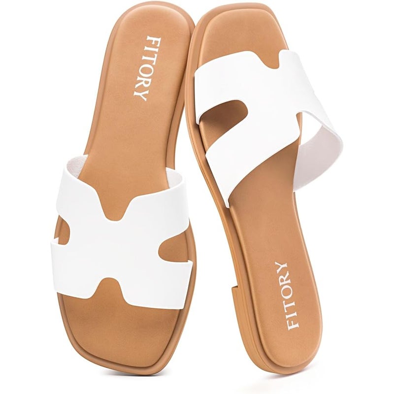 FITORY Women's Slide Sandals, Flat Fashion Square Open Toe with Cushion Slippers for Summer Beach Size 6-11 - Image 1