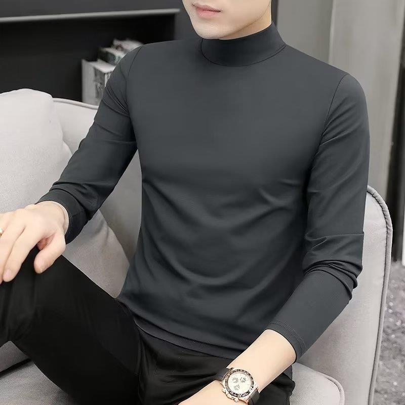 Special Clearance] Mens High Collar Base Shirt Long Sleeve T-shirt Student Solid Color T-shirt Top Mens Youth Base Autumn Clothes Dark gray semi-high collar long sleeves