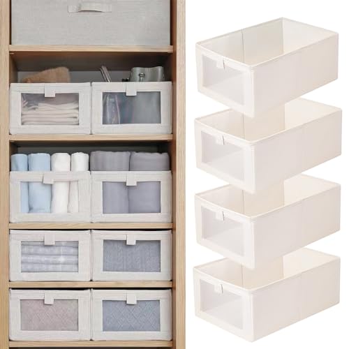 Pradnel Linen Closet Organizers And Storage, 4 Pack Storage Bins Baskets for Organization Foldable Organizer with Clear Window Organizing Clothing, Jeans, Shelves - Image 1
