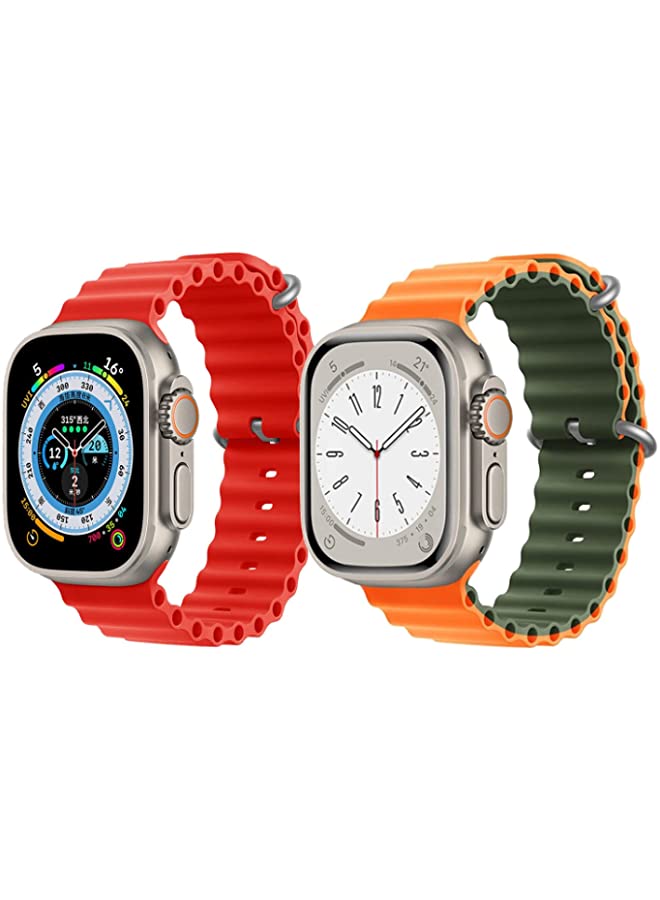 IAF Silicone Ocean Band Strap for Apple Watch Ultra 8 49mm Red Single Color Strap with Orange/Green Double Side Strap Set of 2