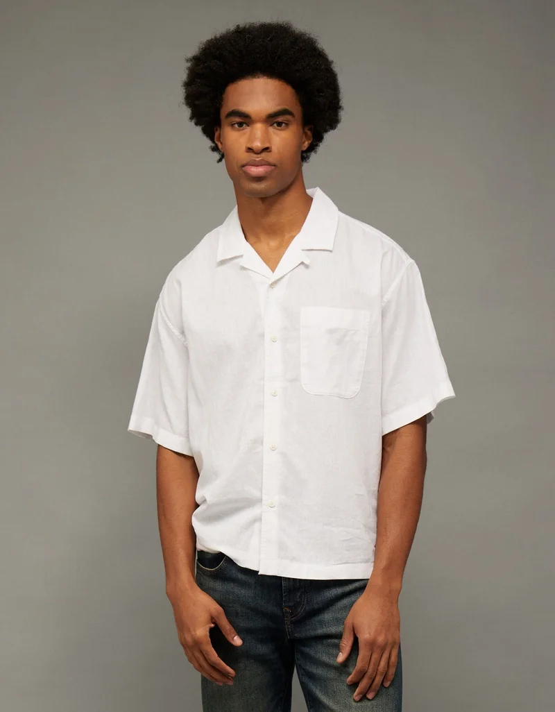 American Eagle AE Relaxed Fit Linen-Blend Camp Collar Shirt