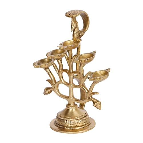 Kartique Brass Peacock 5 Wick Diya | Decorative Pooja Oil Lamp | Home Décor Showpiece | 6 Inch Height | Ideal for Gifts - Image 4