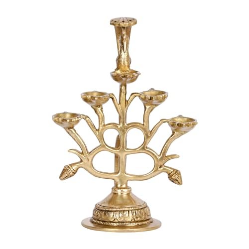 Kartique Brass Peacock 5 Wick Diya | Decorative Pooja Oil Lamp | Home Décor Showpiece | 6 Inch Height | Ideal for Gifts - Image 1