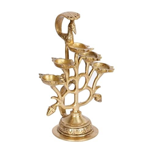 Kartique Brass Peacock 5 Wick Diya | Decorative Pooja Oil Lamp | Home Décor Showpiece | 6 Inch Height | Ideal for Gifts - Image 3