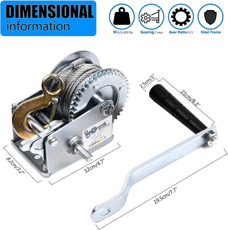 PROFLine 600lbs Hand Winch with Steel Cable for Boat Trailer and Towing - Image 2