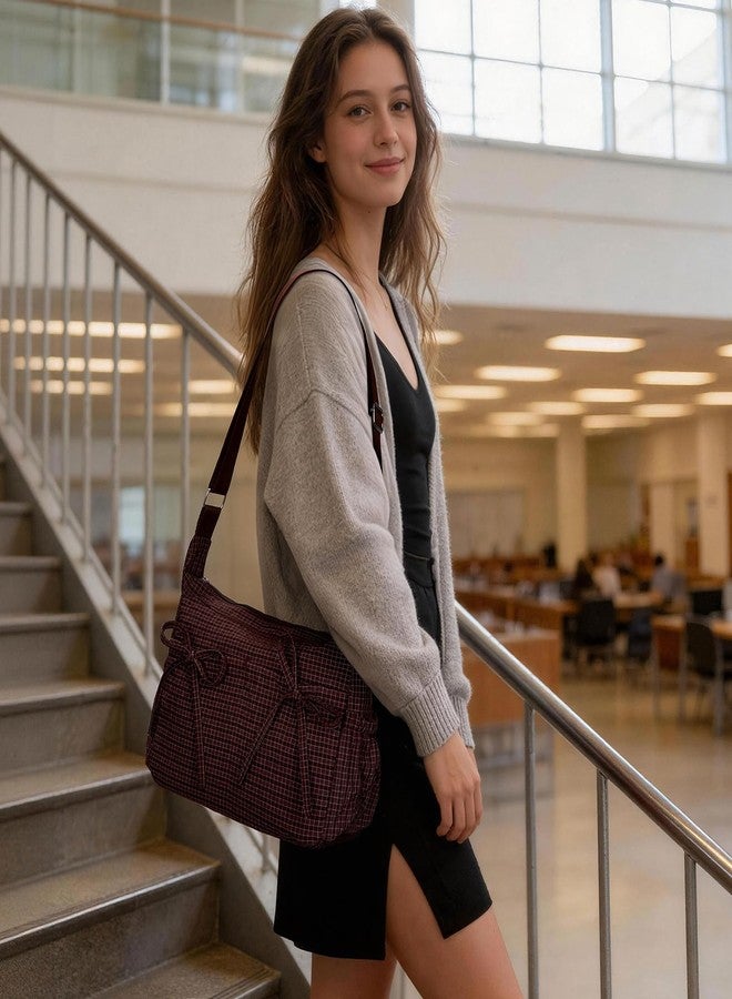 Lushandy Plaid Shoulder Bag Plaid Crossbody Purse Bow Messenger Bag Japanese Style Everyday Bags for College, Travel - Image 3
