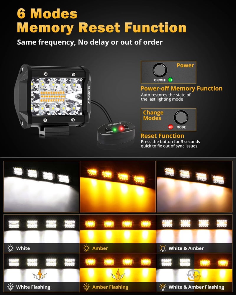 Auxbeam سلسلة الأضواء البيضاء البرتقالية 6 أوضاع، 4 عبوات من أضواء LED بود فلاش ستروب تحذيرية متعددة الوظائف، 4" 240 واط أضواء LED للطرق الوعرة، لسيارات 4x4 4WD وشاحنات جيب رانجلر - Image 2