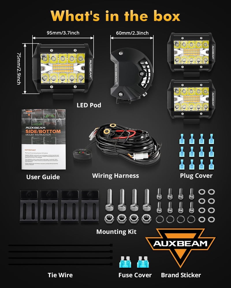 Auxbeam سلسلة الأضواء البيضاء البرتقالية 6 أوضاع، 4 عبوات من أضواء LED بود فلاش ستروب تحذيرية متعددة الوظائف، 4" 240 واط أضواء LED للطرق الوعرة، لسيارات 4x4 4WD وشاحنات جيب رانجلر - Image 3