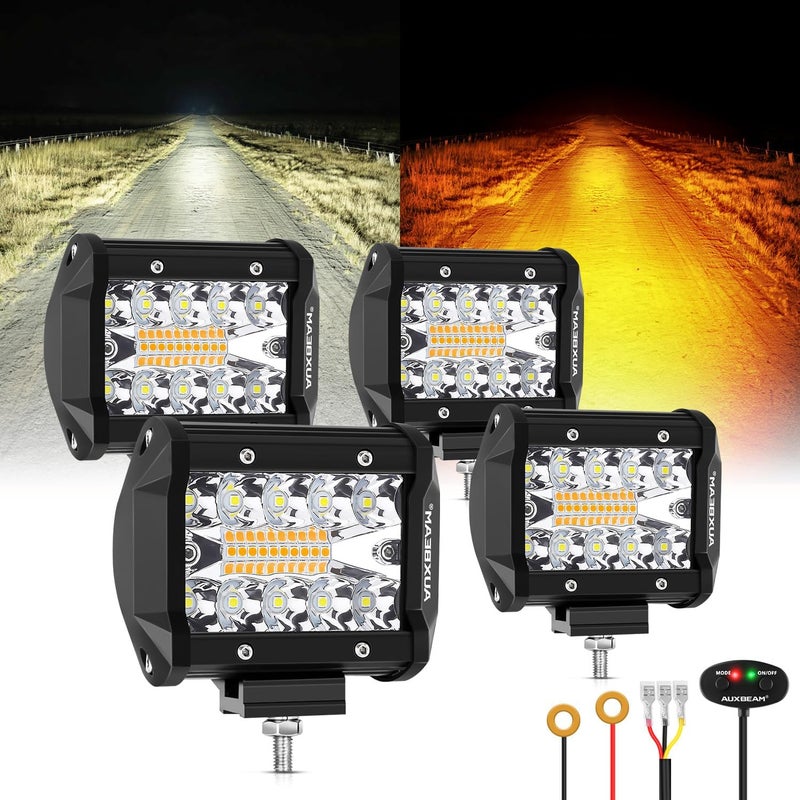 Auxbeam سلسلة الأضواء البيضاء البرتقالية 6 أوضاع، 4 عبوات من أضواء LED بود فلاش ستروب تحذيرية متعددة الوظائف، 4" 240 واط أضواء LED للطرق الوعرة، لسيارات 4x4 4WD وشاحنات جيب رانجلر - Image 1