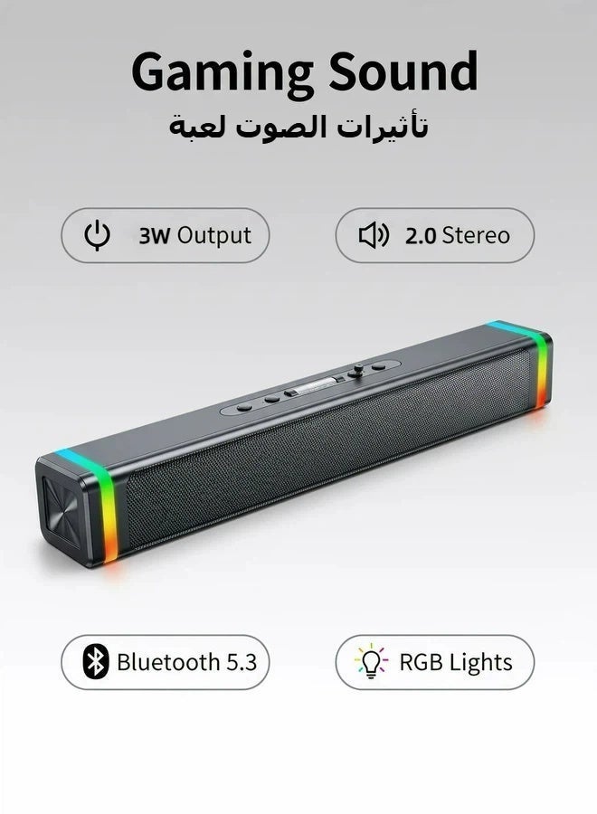 Flushrenic Computer speaker rectangular speaker RGB lighting wired Bluetooth speaker, game audio system, dual 52mm full range speaker, powered by USB and Type-C mode, size: 14.17 inches x 2.36 inches x 2.37 inches - Image 1