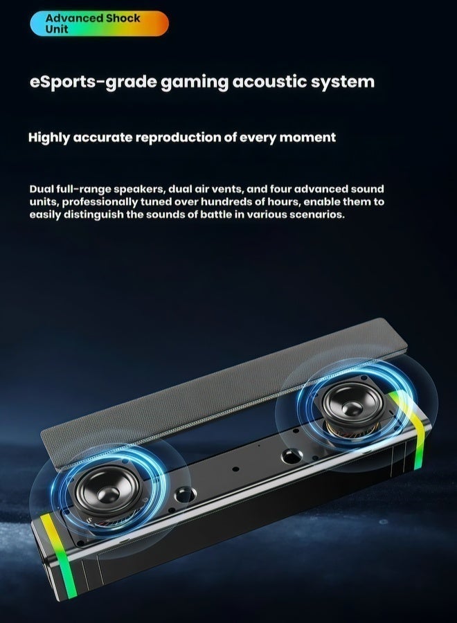 Flushrenic Computer speaker rectangular speaker RGB lighting wired Bluetooth speaker, game audio system, dual 52mm full range speaker, powered by USB and Type-C mode, size: 14.17 inches x 2.36 inches x 2.37 inches - Image 2