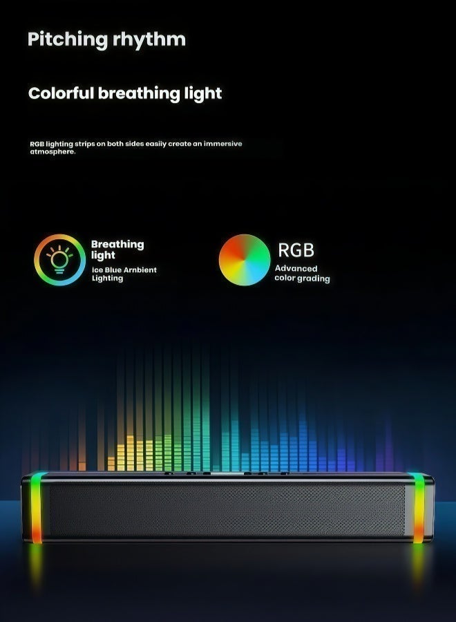 Flushrenic Computer speaker rectangular speaker RGB lighting wired Bluetooth speaker, game audio system, dual 52mm full range speaker, powered by USB and Type-C mode, size: 14.17 inches x 2.36 inches x 2.37 inches - Image 4