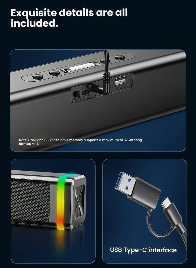 Flushrenic Computer speaker rectangular speaker RGB lighting wired Bluetooth speaker, game audio system, dual 52mm full range speaker, powered by USB and Type-C mode, size: 14.17 inches x 2.36 inches x 2.37 inches - Image 5