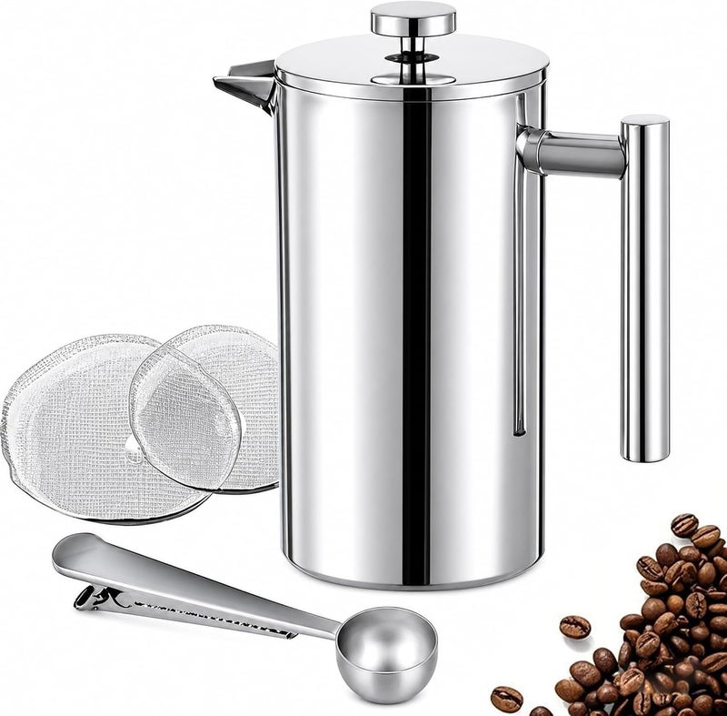 Meelio French Press Coffee Maker, 304 Stainless Steel Double-Wall Insulated French Press Coffee Press, 2 Extra Fliters & 1 Coffee Spoon (350ML, 12 OZ) - Image 1