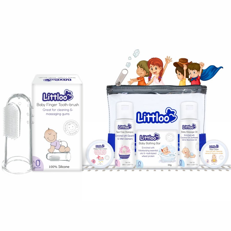 LITTLOO Baby Finger Toothbrush& Travel Kit Combo|Gentle Oral Hygiene&Complete On-The-Go Care|100% Silicone Manual Toothbrush&Travel Essential|Safe&Dermatologically Tested|0 Month+,Transparent,Set of 1 - Image 1