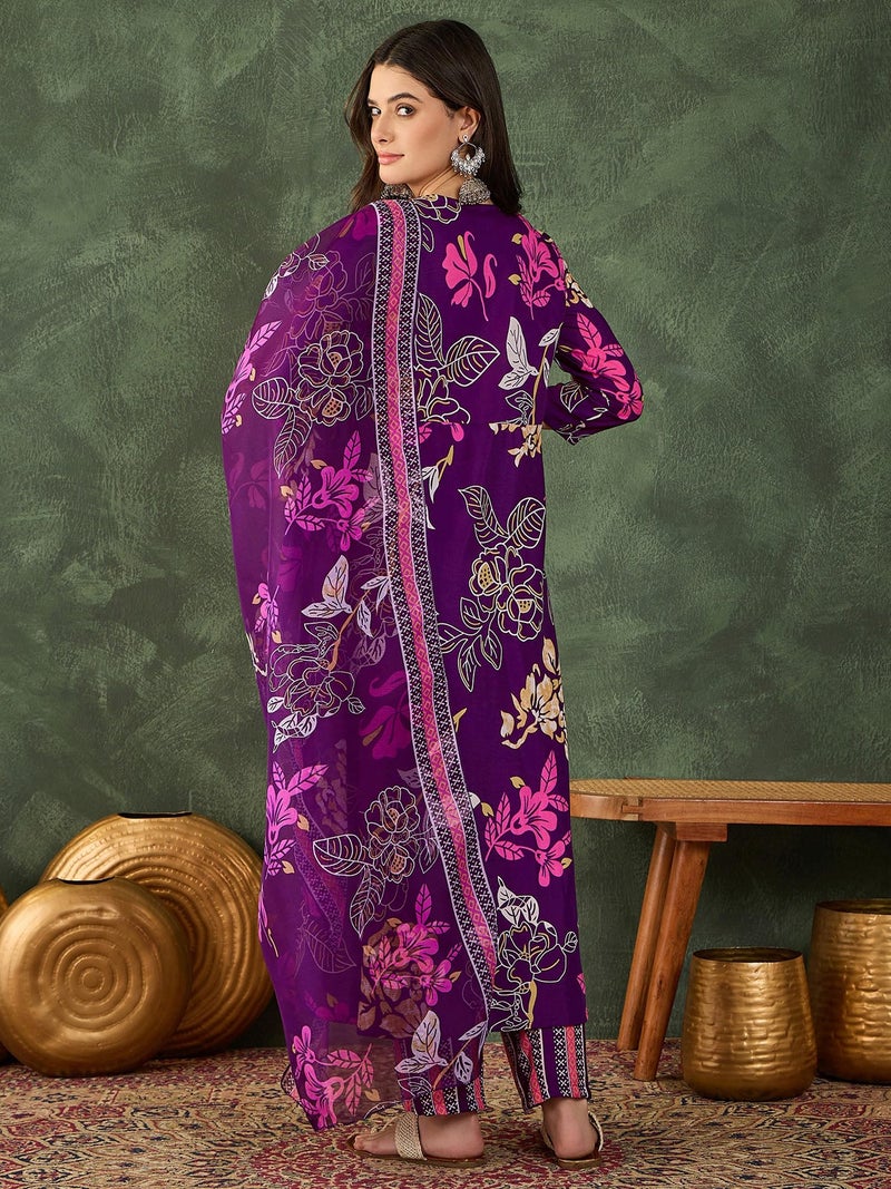 Naixa Women's Cotton Printed Flared Kurta with Pant and Dupatta Sets (NX-833-Wine-M) - Image 4