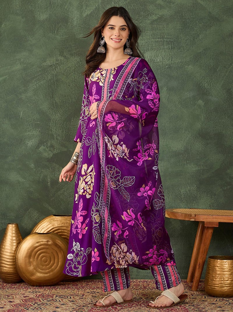 Naixa Women's Cotton Printed Flared Kurta with Pant and Dupatta Sets (NX-833-Wine-M) - Image 3