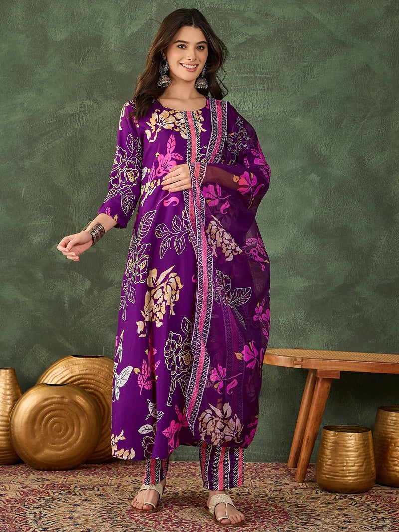 Naixa Women's Cotton Printed Flared Kurta with Pant and Dupatta Sets (NX-833-Wine-M) - Image 2